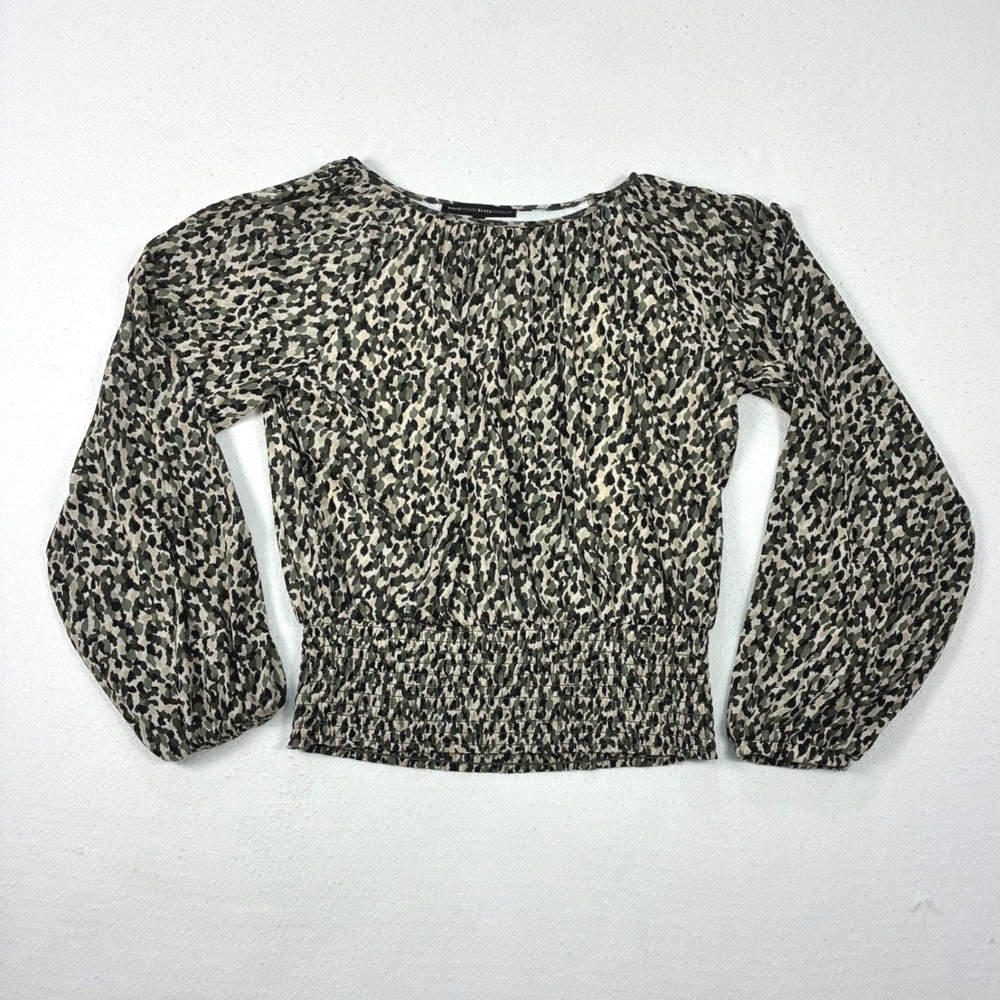 Edgy Cottagecore Camo Print Smocked Blouse with Bell Sleeves M